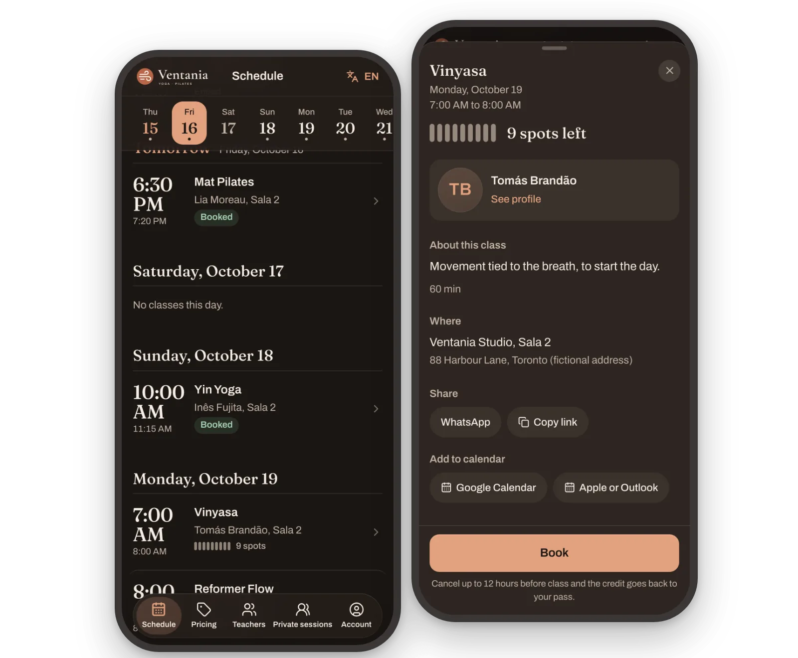 El celular de un alumno: el horario del estudio y la ficha de una clase con los lugares disponibles, el profesor y el botón "Book" con la regla de cancelación.