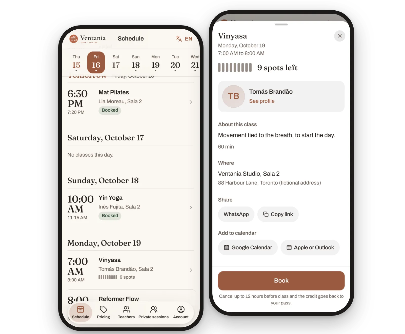 El celular de un alumno: el horario del estudio y la ficha de una clase con los lugares disponibles, el profesor y el botón "Book" con la regla de cancelación.