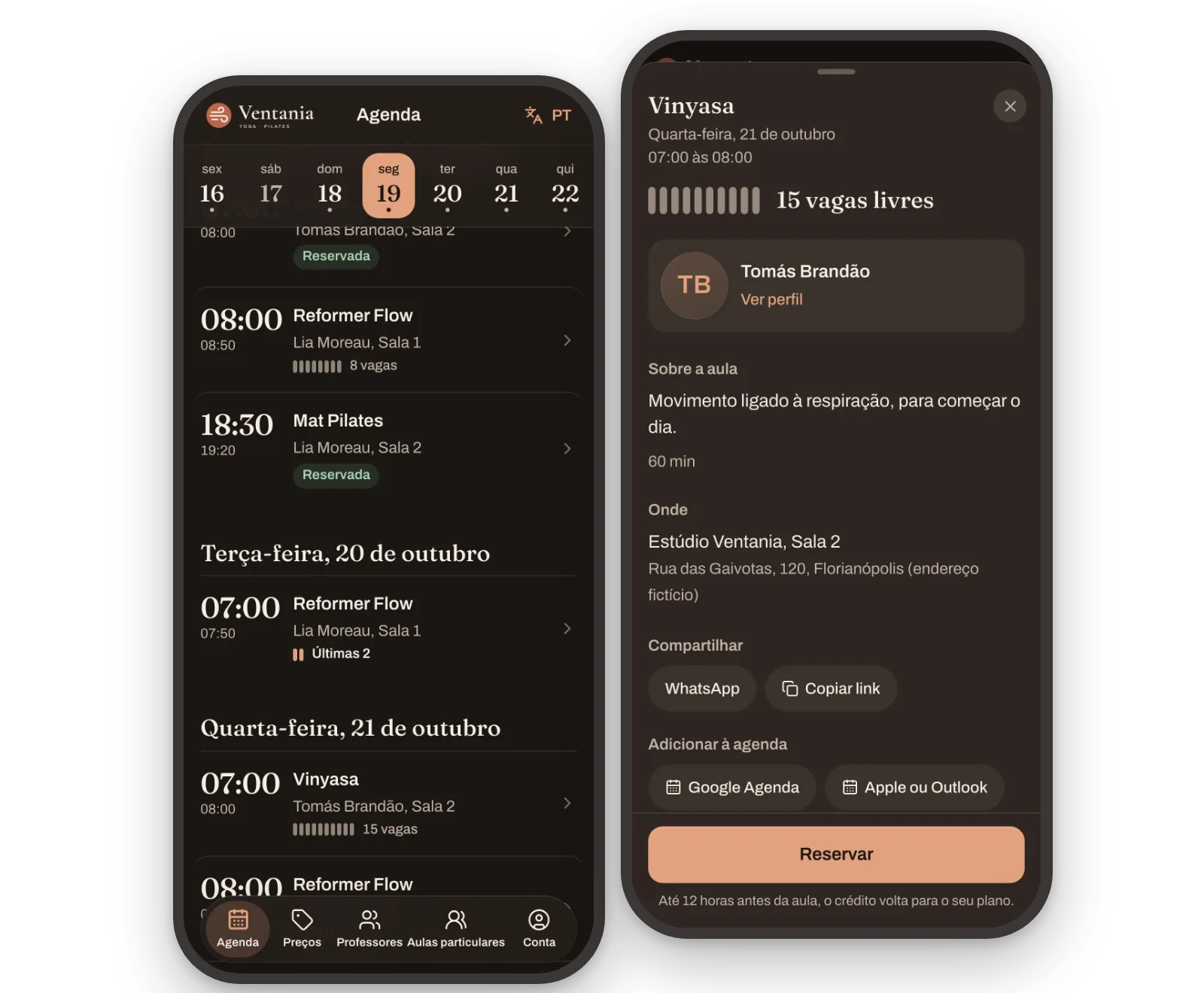 O celular do aluno: a agenda do estúdio e a ficha de uma aula com as vagas livres, o professor e o botão Reservar com a regra de cancelamento.