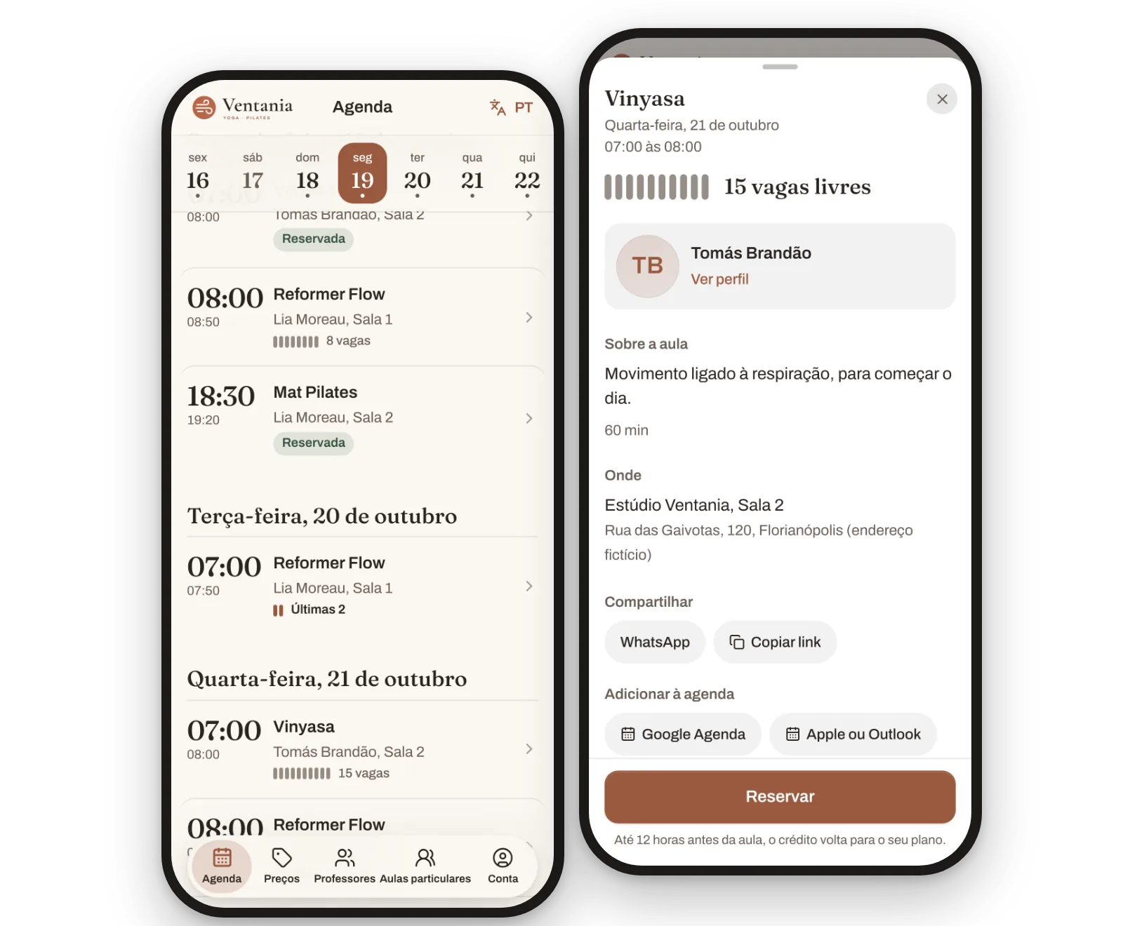 O celular do aluno: a agenda do estúdio e a ficha de uma aula com as vagas livres, o professor e o botão Reservar com a regra de cancelamento.