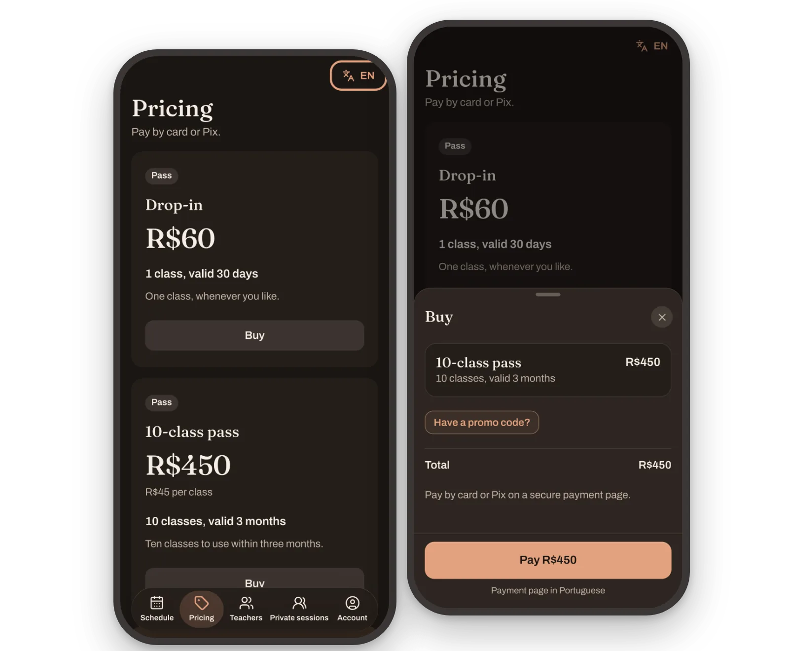 El celular de un alumno: la página de precios del estudio y la pantalla "Buy" de un paquete de 10 clases, pagado con tarjeta en una página de pago segura.