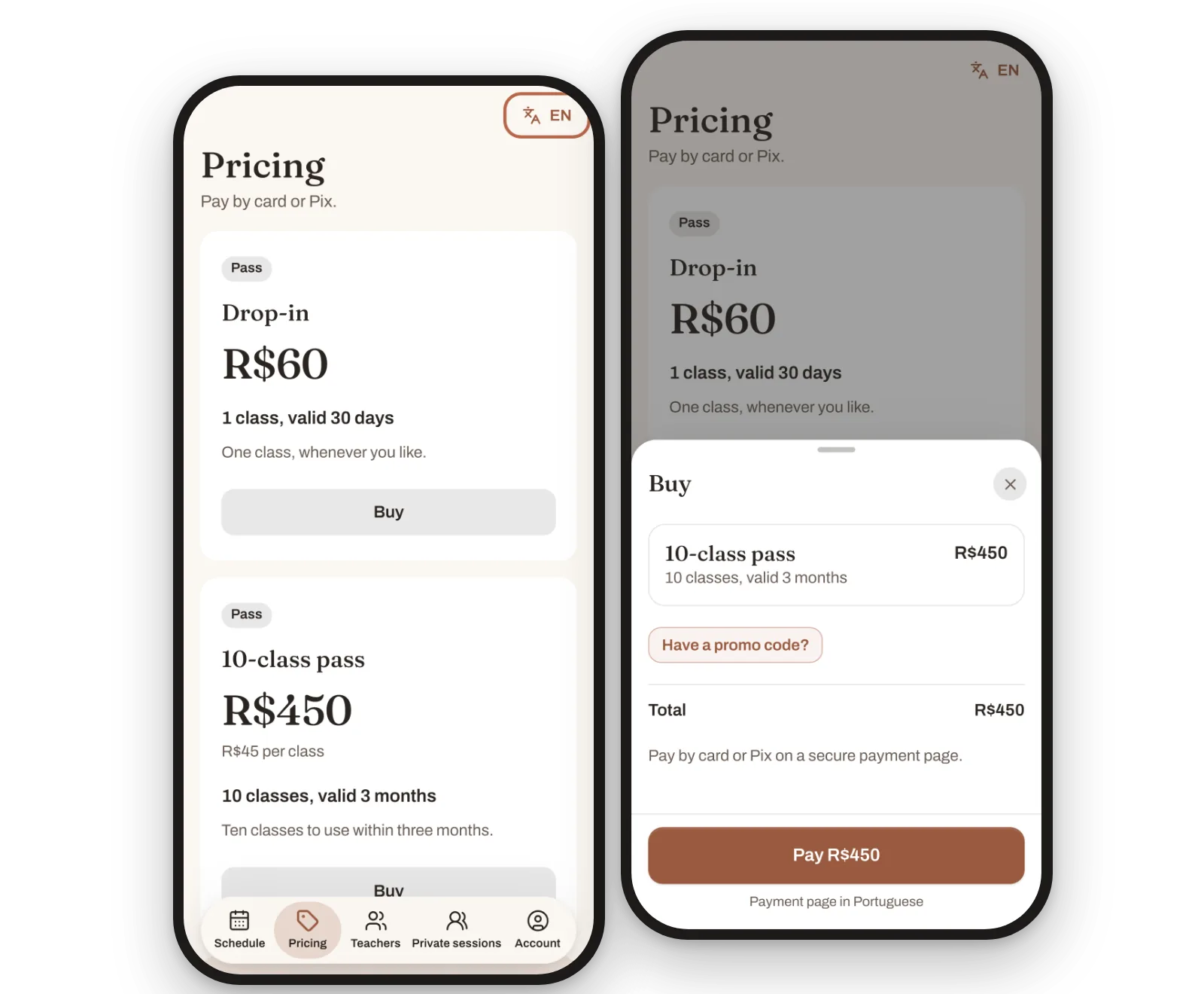El celular de un alumno: la página de precios del estudio y la pantalla "Buy" de un paquete de 10 clases, pagado con tarjeta en una página de pago segura.