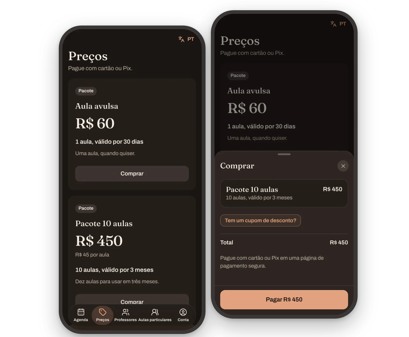 O celular do aluno: a página de preços do estúdio e a tela Comprar de um pacote de 10 aulas, pago com cartão ou Pix numa página de pagamento segura.
