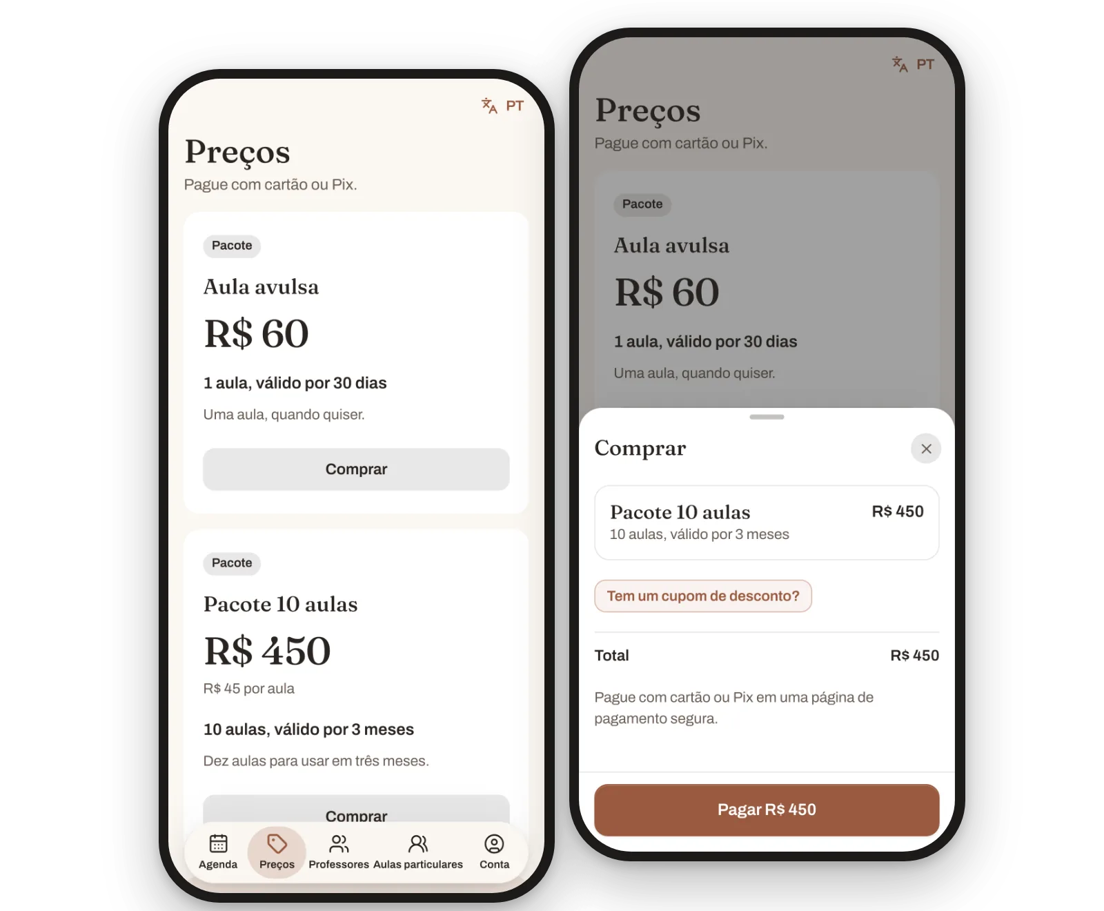 O celular do aluno: a página de preços do estúdio e a tela Comprar de um pacote de 10 aulas, pago com cartão ou Pix numa página de pagamento segura.