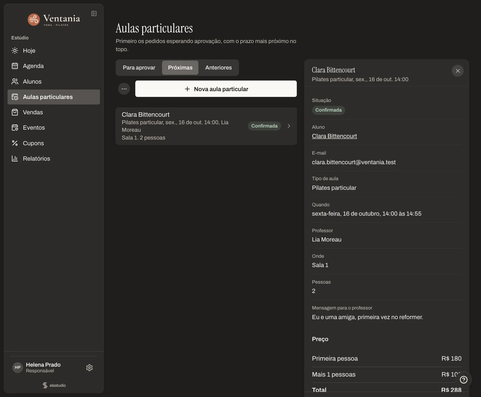 A página Aulas particulares no painel do estúdio com um pedido aberto: aluno, tipo de aula, horário, professor, sala, número de pessoas e o preço de cada pessoa extra.