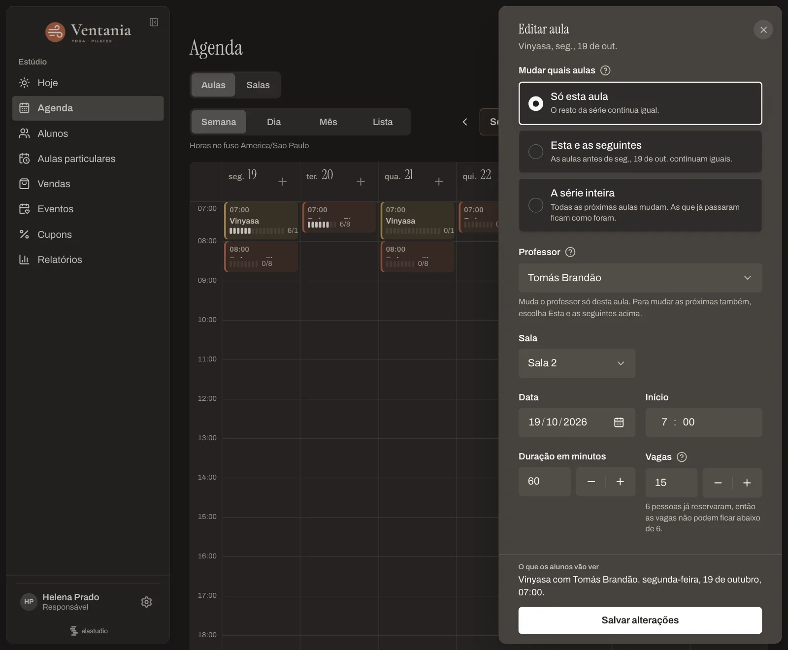A agenda da semana no painel do estúdio com o painel Editar aula aberto, perguntando se a mudança vale só para esta aula, para esta e as seguintes ou para a série inteira.