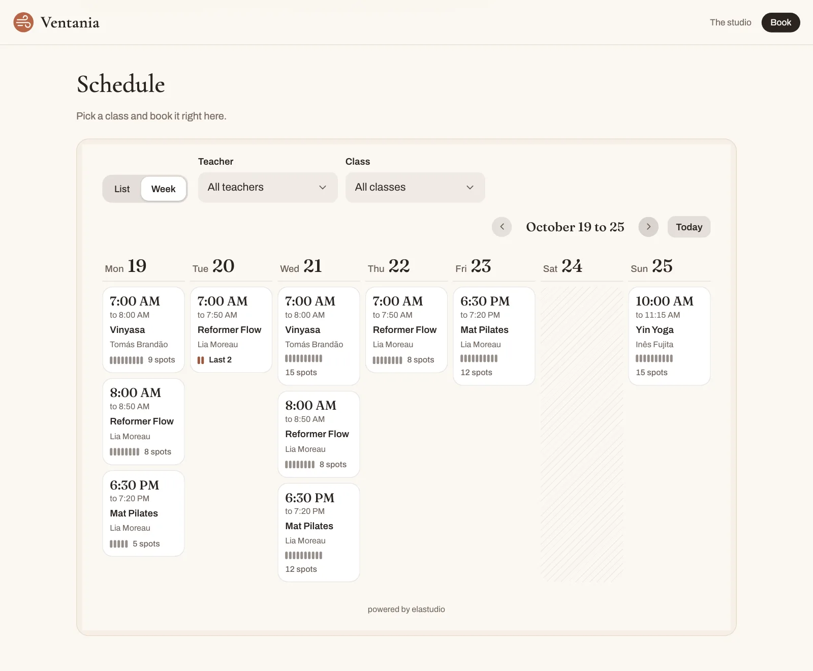 El sitio web propio de un estudio con el widget de reservas de elastudio, que muestra las clases de la semana, los lugares disponibles y los profesores.